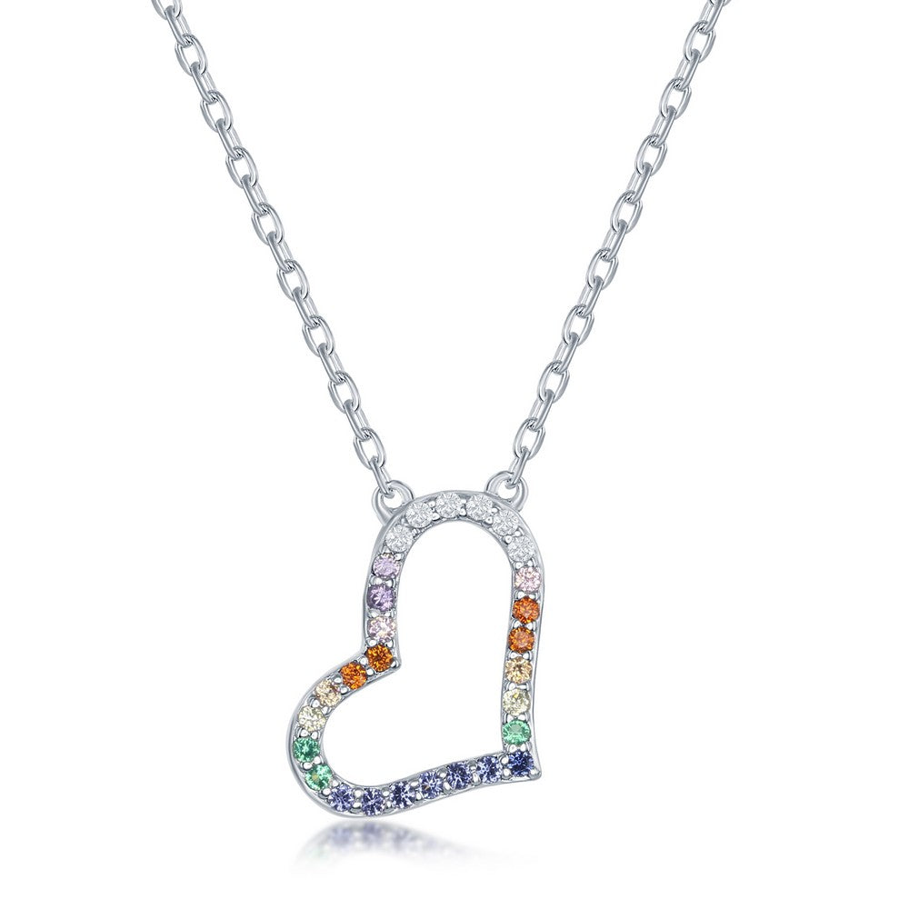 Sterling Silver Rainbow CZ Sideways Heart Necklace