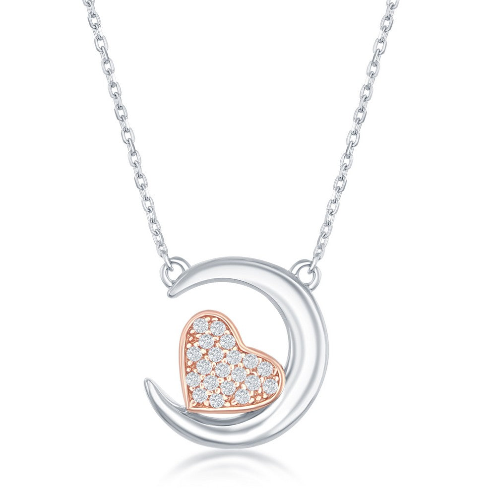 Sterling Silver Crescent Moon with Rose Gold Plated CZ Heart Necklace