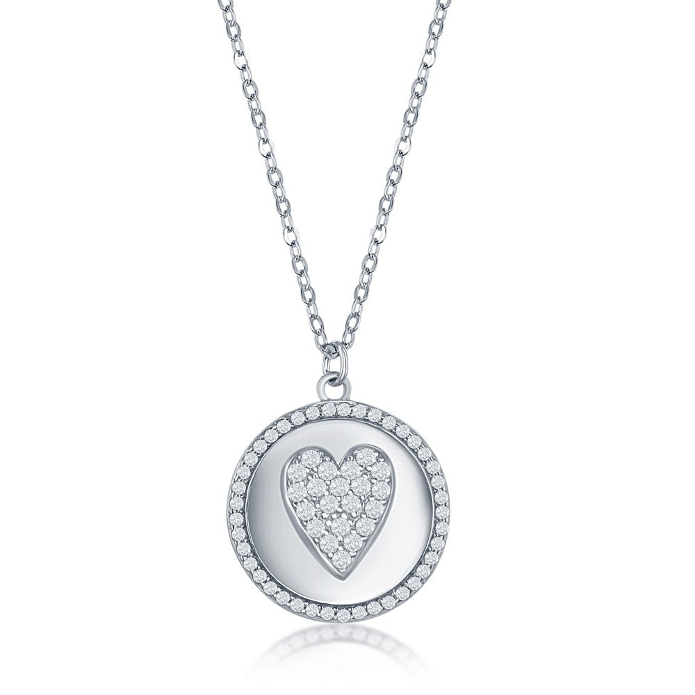 Sterling Silver Micro Pave CZ Disc Necklace - Heart