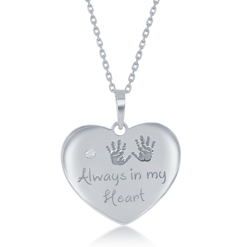 Sterling Silver Engraved Hand Prints 'Always in my Heart' Single CZ Heart Necklace