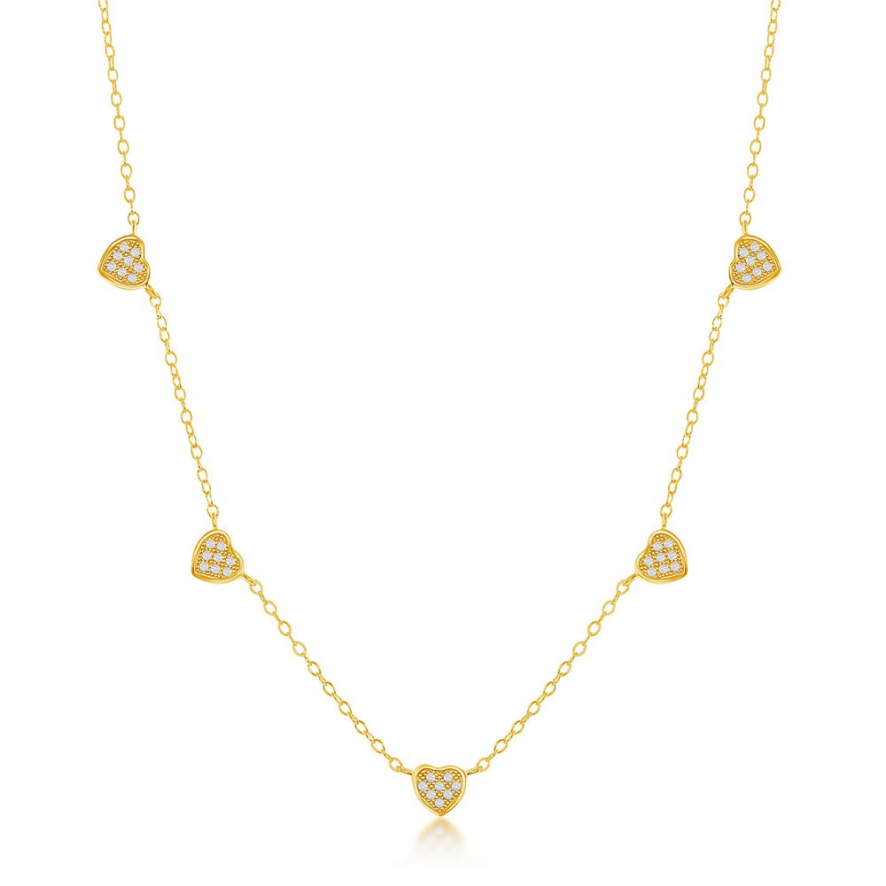 Sterling Silver Micro Pave CZ Dangling Multi-Heart Necklace - Gold Plated