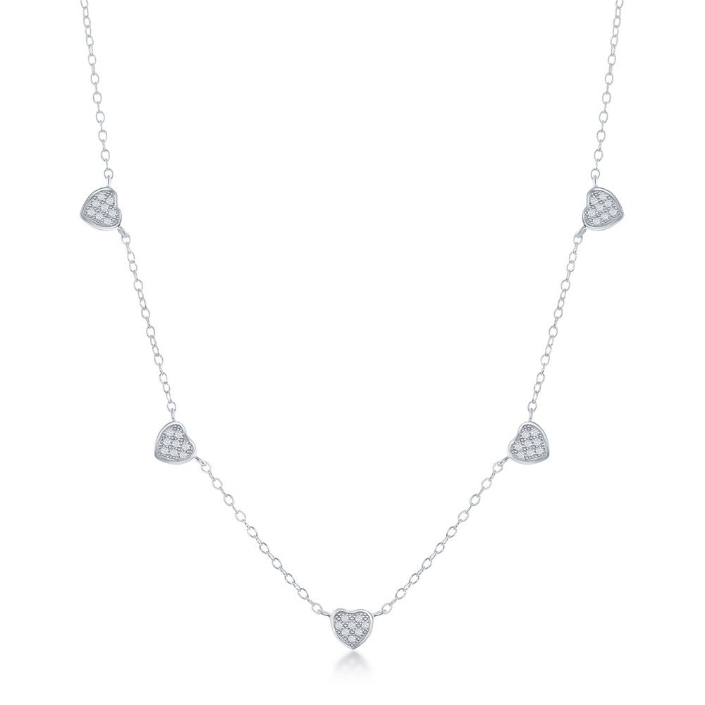 Sterling Silver Micro Pave CZ Dangling Multi-Heart Necklace