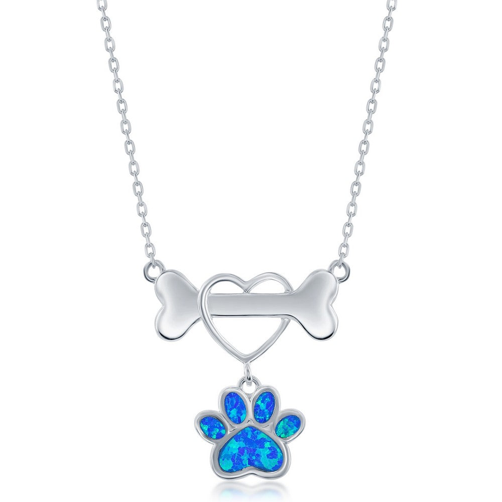 Sterling Silver Dog Bone w/ Heart & Blue Opal Paw Necklace
