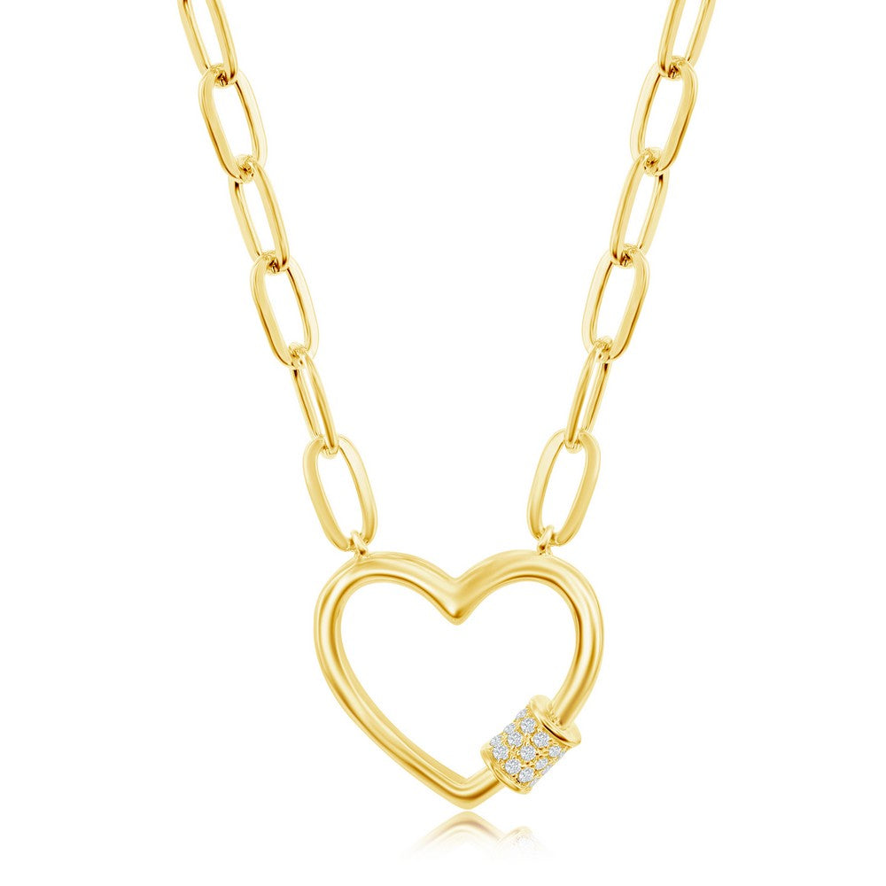Sterling Silver Micro Pave CZ Heart Carabiner Paperclip Necklace - Gold Plated