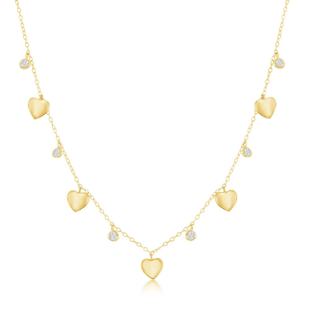 Sterling Silver Alternating Heart & Bezel-Set CZ Necklace - Gold Plated