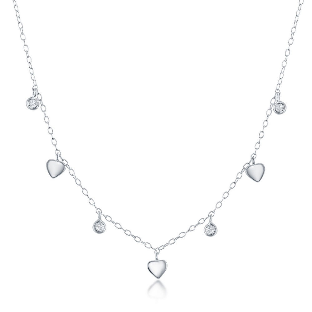 Sterling Silver Alternating Mini Heart & Bezel-Set CZ Necklace