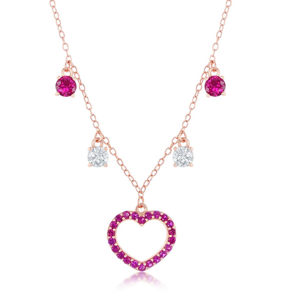 Sterling Silver Station White & Ruby CZ Heart Necklace - Rose Gold Plated