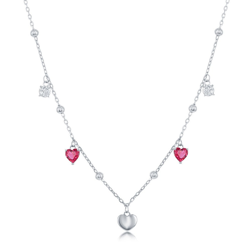 Sterling Silver White & Ruby CZ Heart Beaded Necklace