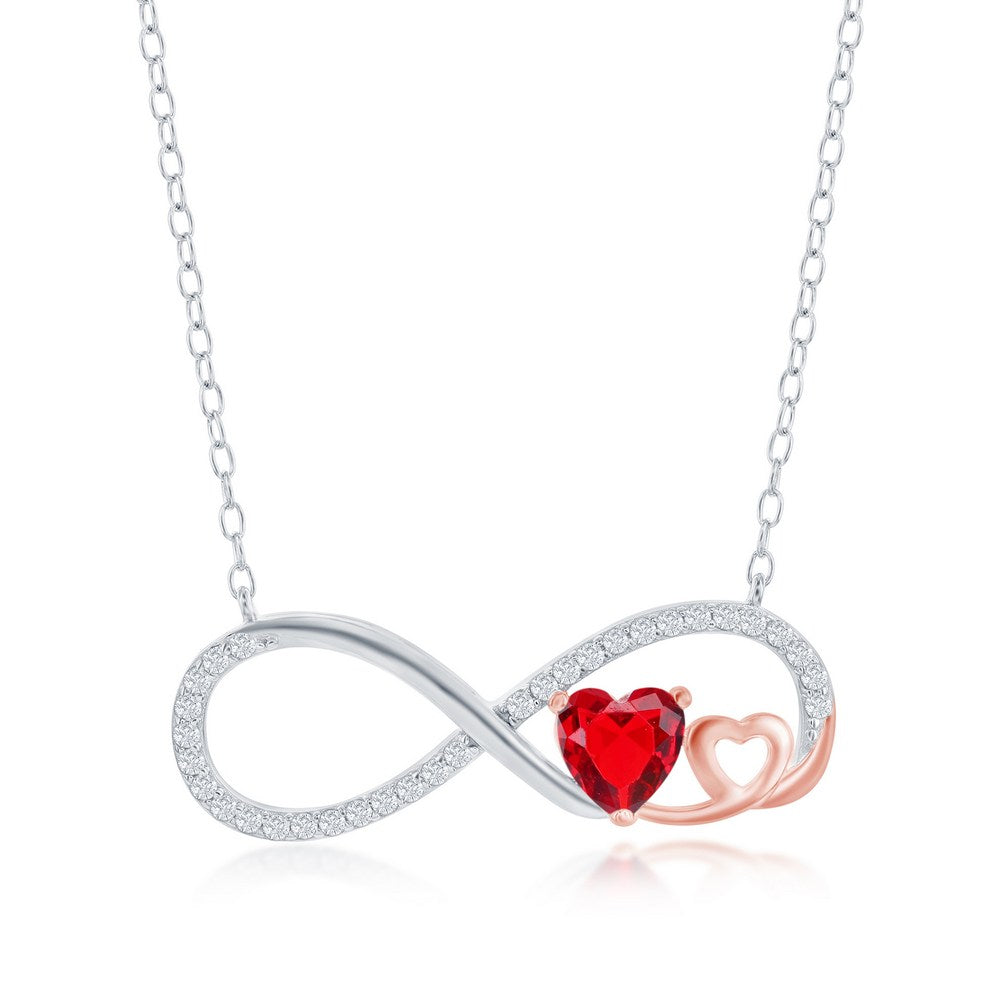Sterling Silver Heart Infinity Necklace - CZ - Created Ruby