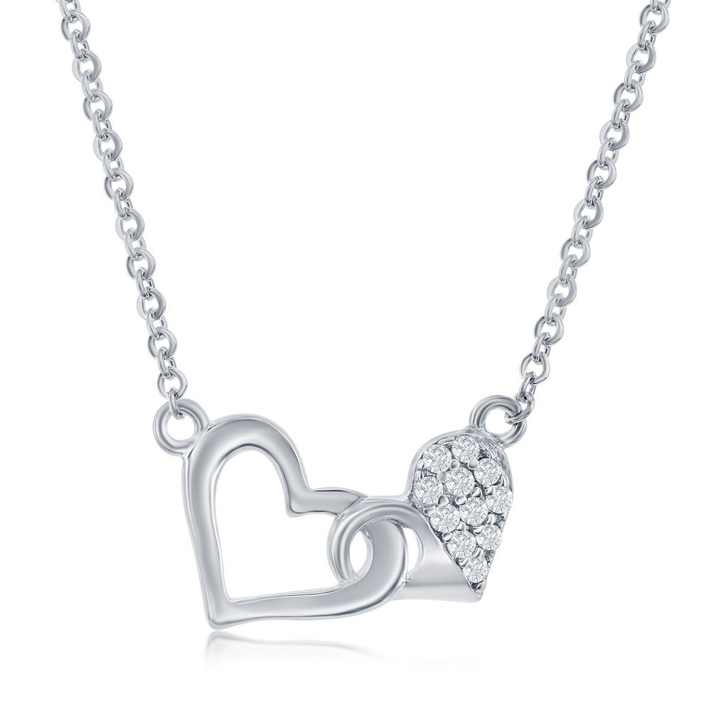 Sterling Silver Double Heart Necklace - White CZ