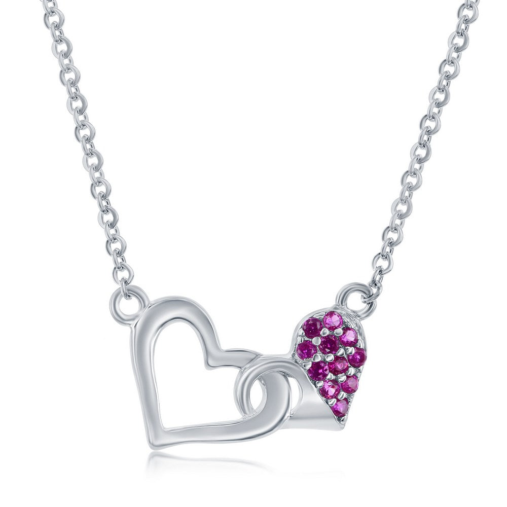 Sterling Silver Double Heart Necklace - Pink CZ