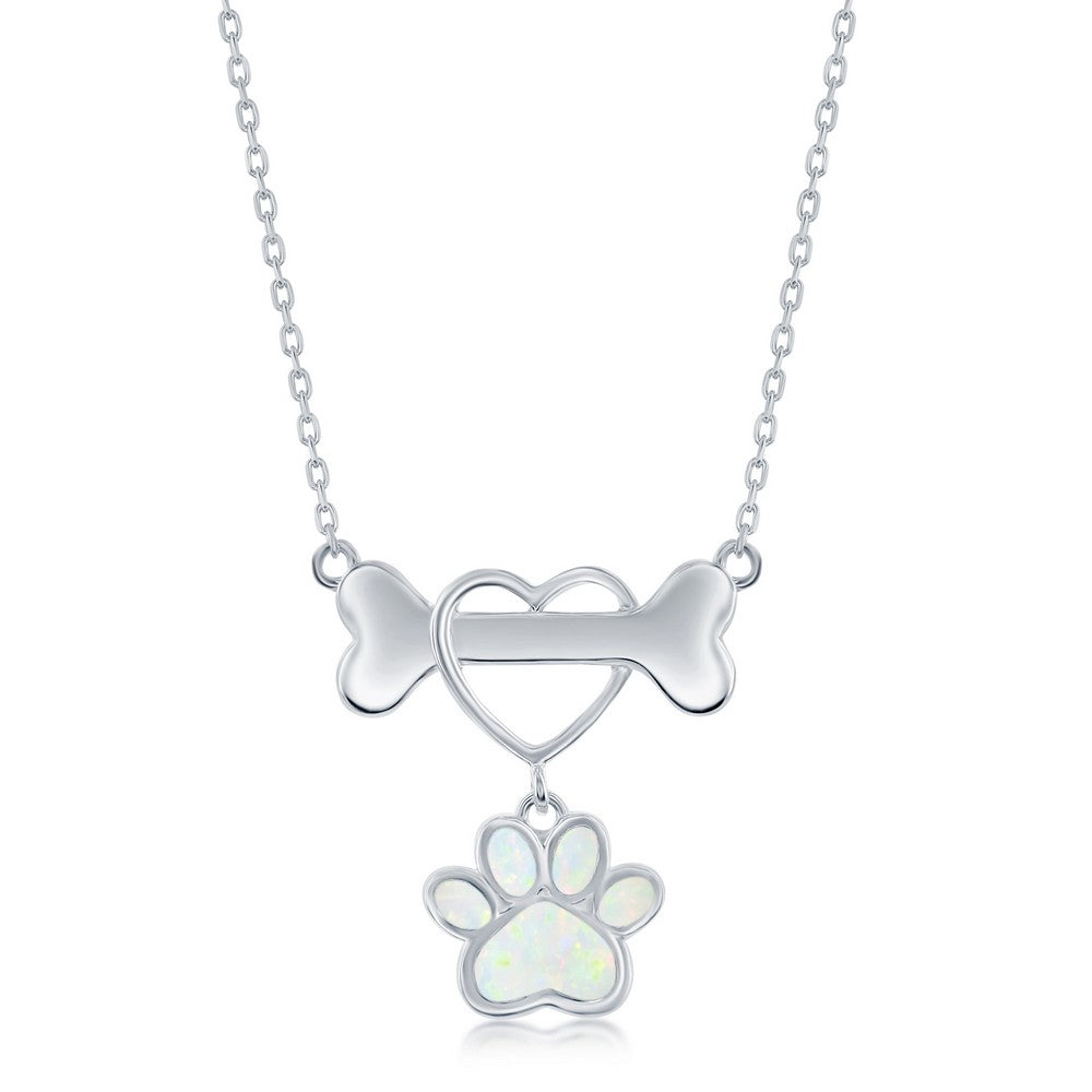 Sterling Silver Dog Bone w/ Heart & White Opal Paw Necklace