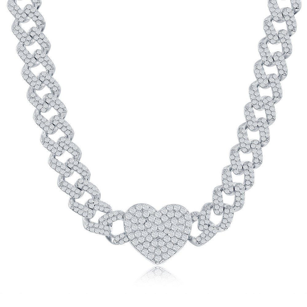 Sterling Silver Micro Pave CZ Monaco Chain Heart Necklace