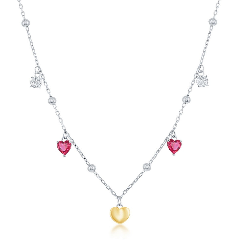 Sterling Silver White & Ruby CZ Heart Beaded Necklace - Gold Plated