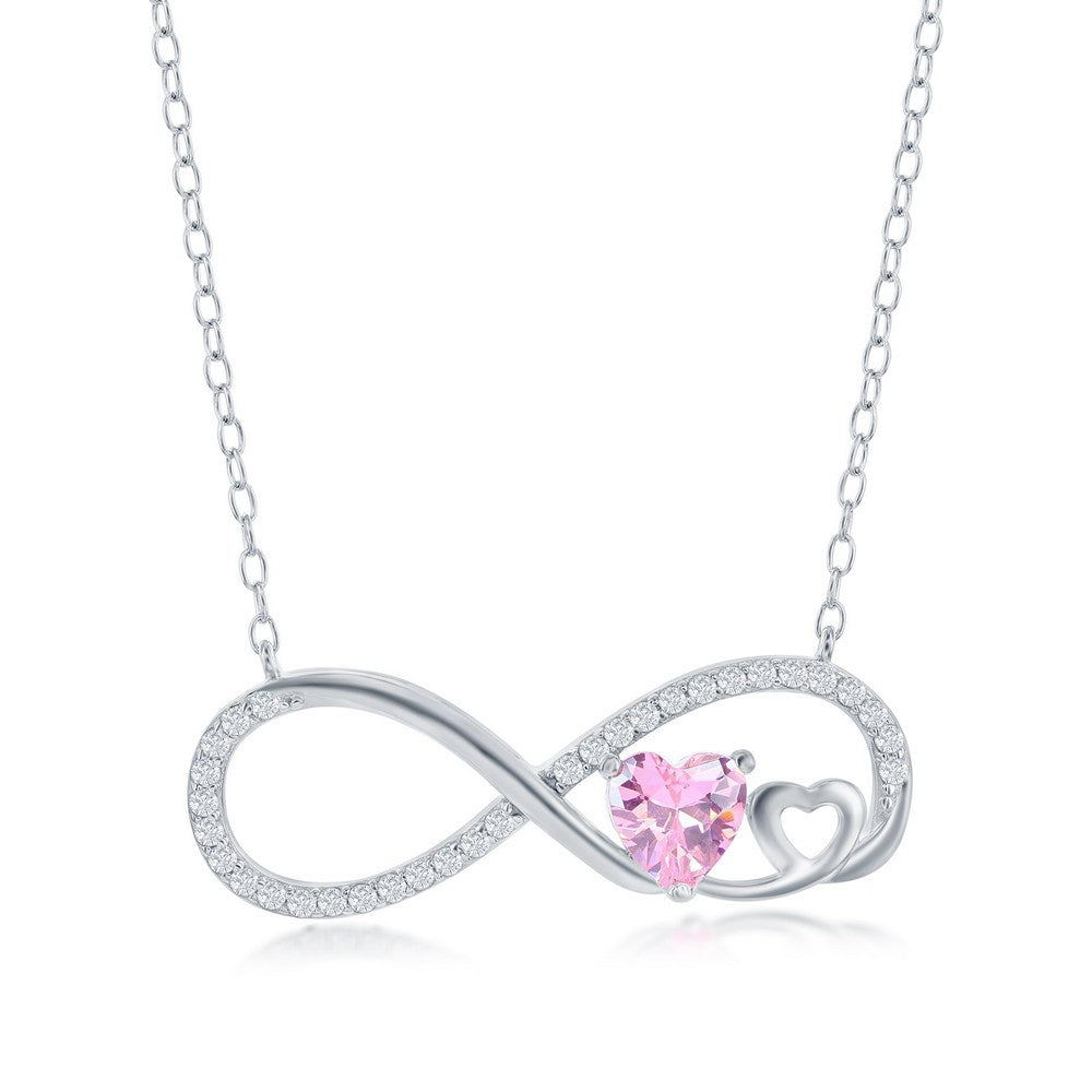 Sterling Silver Pink CZ Heart Infinity Necklace