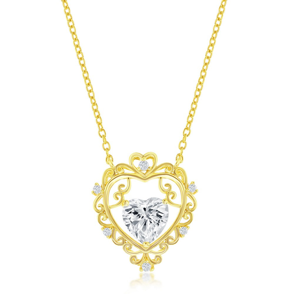 Sterling Silver Heart CZ Necklace - Gold Plated