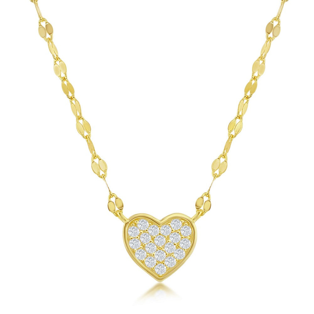 Sterling Silver Heart CZ Mirror Chain Choker Necklace - Gold Plated