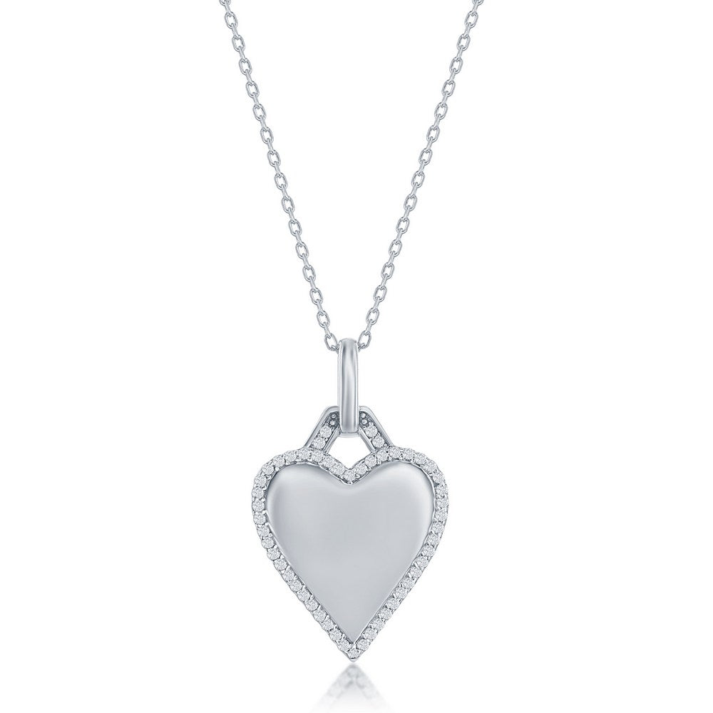 Sterling Silver Polished Heart CZ Border Necklace