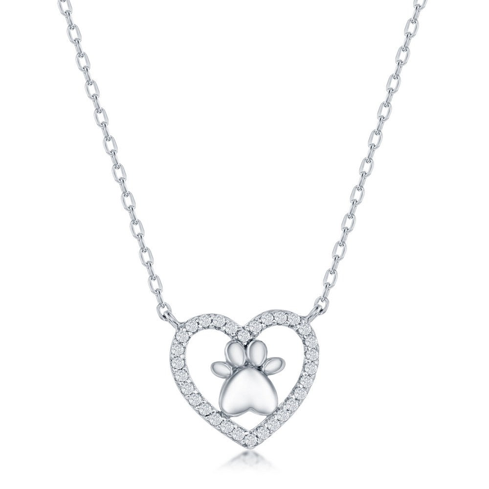 Sterling Silver Heart Paw Print CZ Necklace