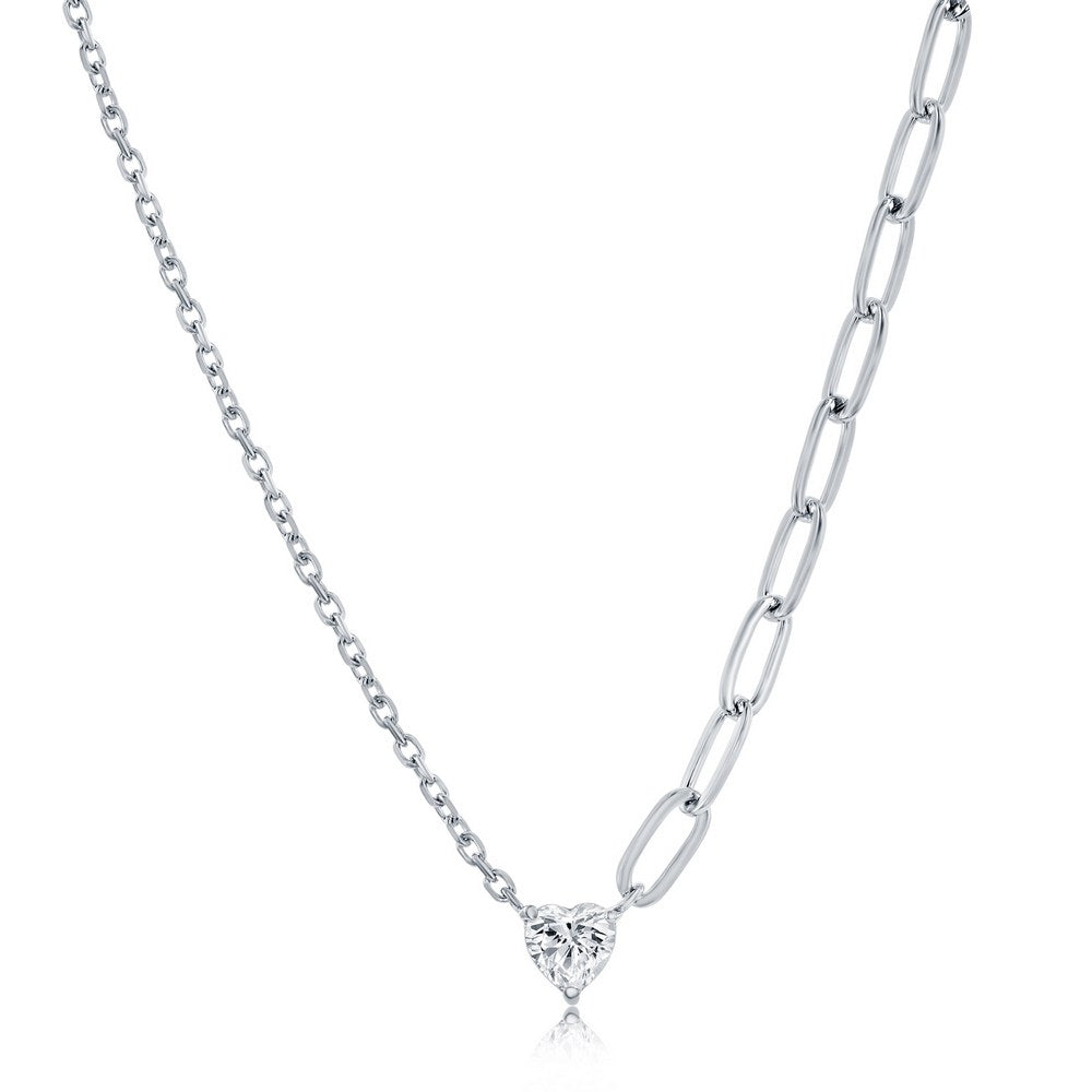 Sterling Silver Heart CZ, Half Cable & Paperclip Chain Necklace