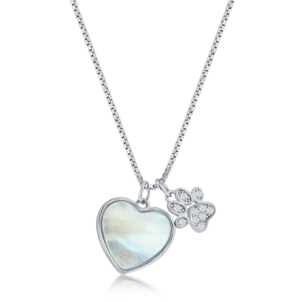 Sterling Silver MOP Heart and CZ Paw Print Necklace