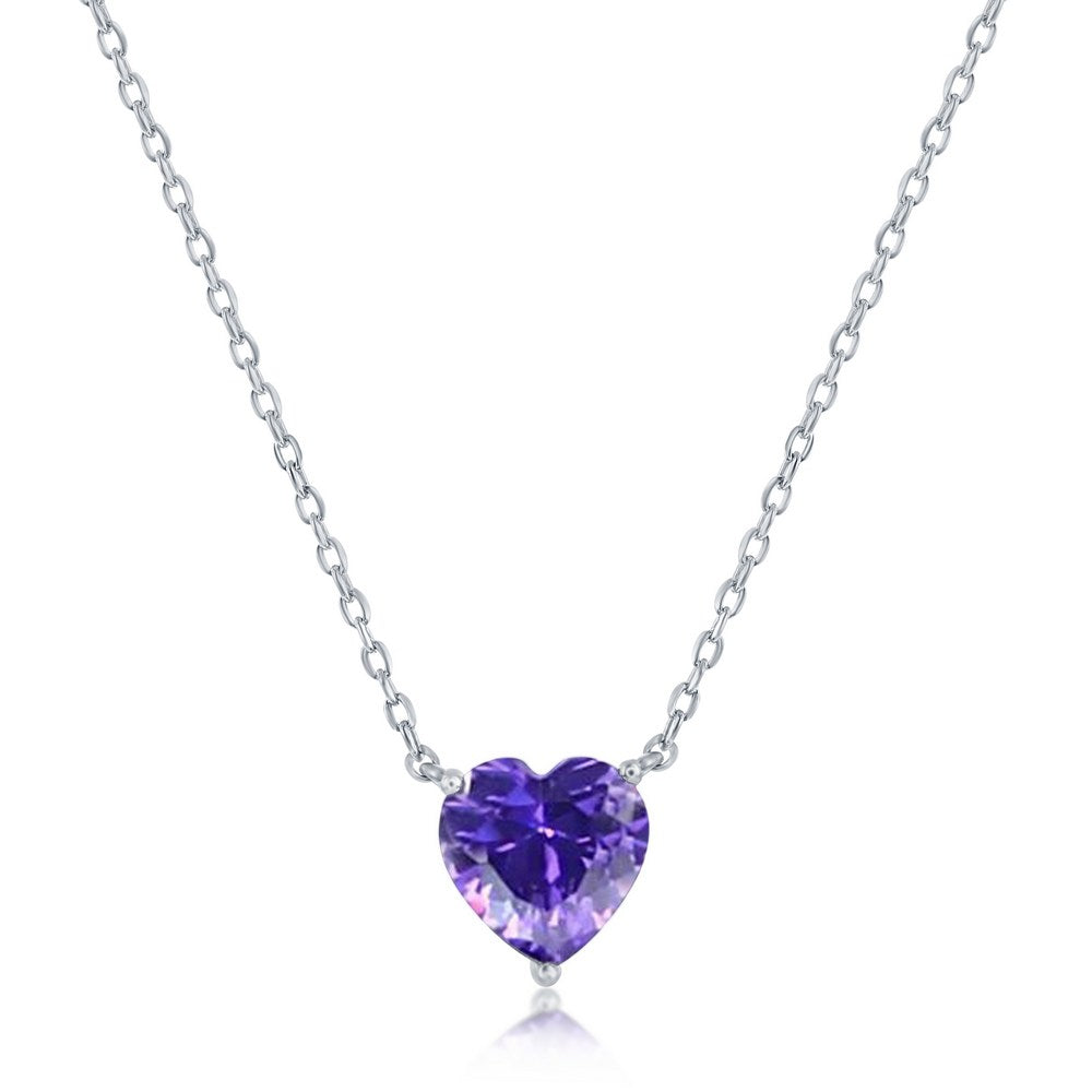 Sterling Silver 8MM Amethyst "February" Heart Perciosa Crystal Necklace