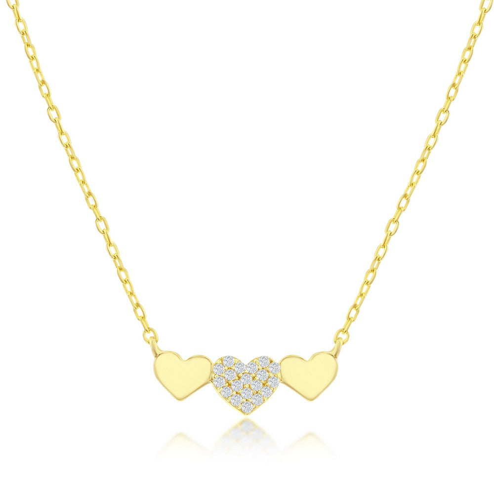 Sterling Silver Triple Heart CZ Bar Necklace - Gold Plated
