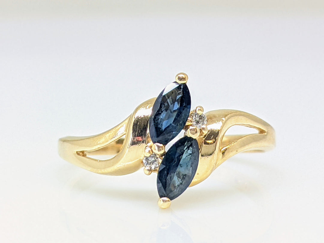 14K SAPPHIRE MARQUISE (2) 2.5X5 WITH (2) MELEE ESTATE RING 2.4 GRAMS