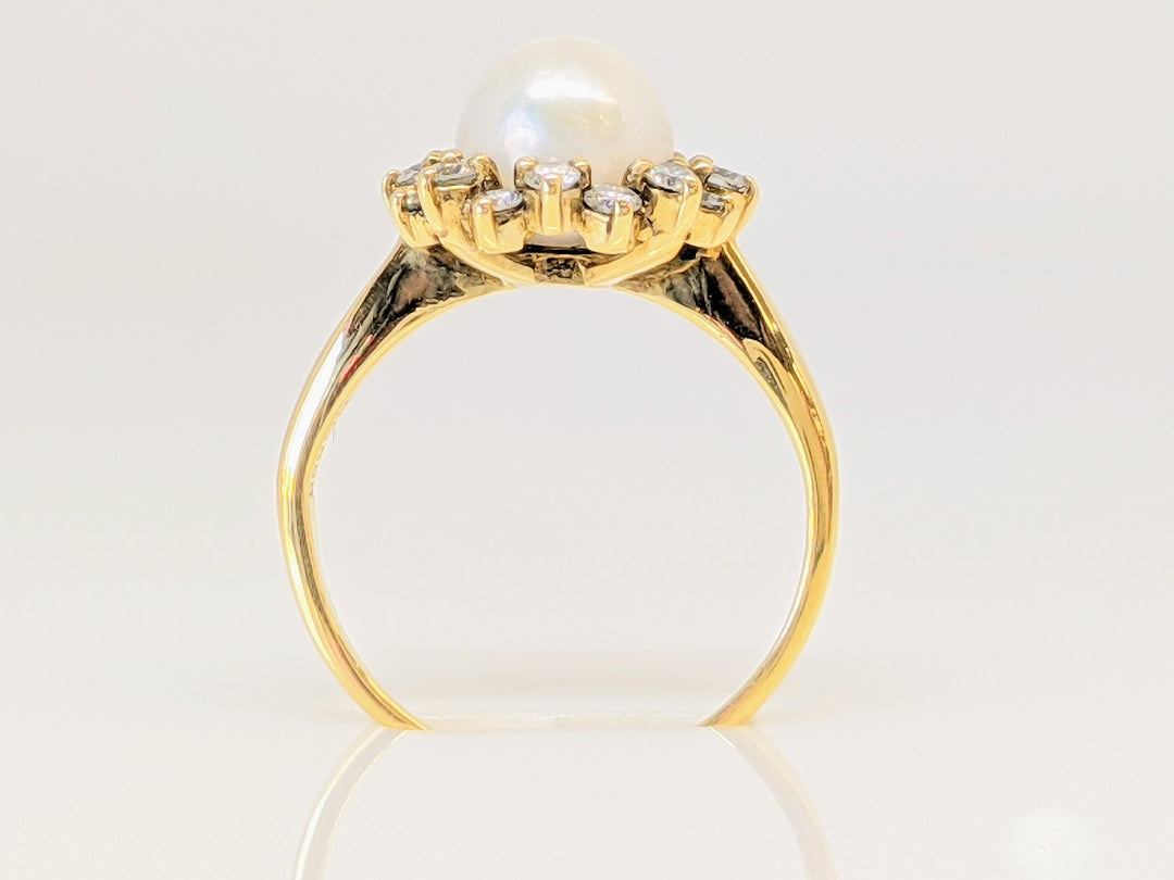14K PEARL ROUND 6.5MM WITH (16) MELEE HALO STYLE ESTATE RING 2.3 GRAMS