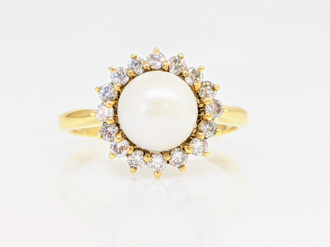 14K PEARL ROUND 6.5MM WITH (16) MELEE HALO STYLE ESTATE RING 2.3 GRAMS