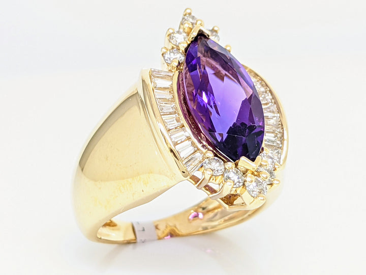 14K AMETHYST MARQUISE CUT 8X15 WITH 1.02 DIAMOND TOTAL WEIGHT ROUND/BAGUETTE CUT ESTATE RING 8.8 GRAMS