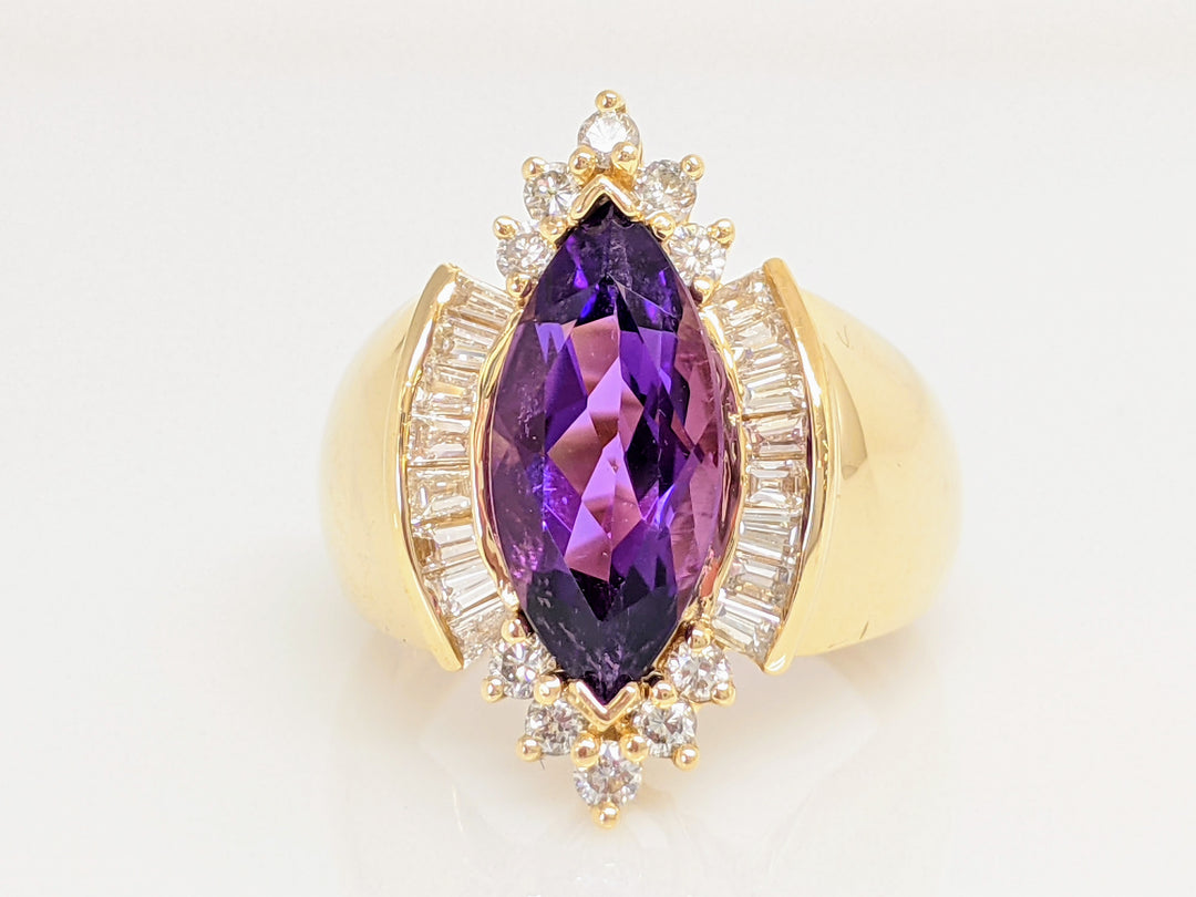 14K AMETHYST MARQUISE CUT 8X15 WITH 1.02 DIAMOND TOTAL WEIGHT ROUND/BAGUETTE CUT ESTATE RING 8.8 GRAMS
