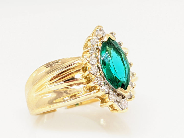 14K SYNTHETIC EMERALD MARQUISE 5X10 WITH .32 DIAMOND TOTAL WEIGHT ESTATE RING 5.8 GRAMS
