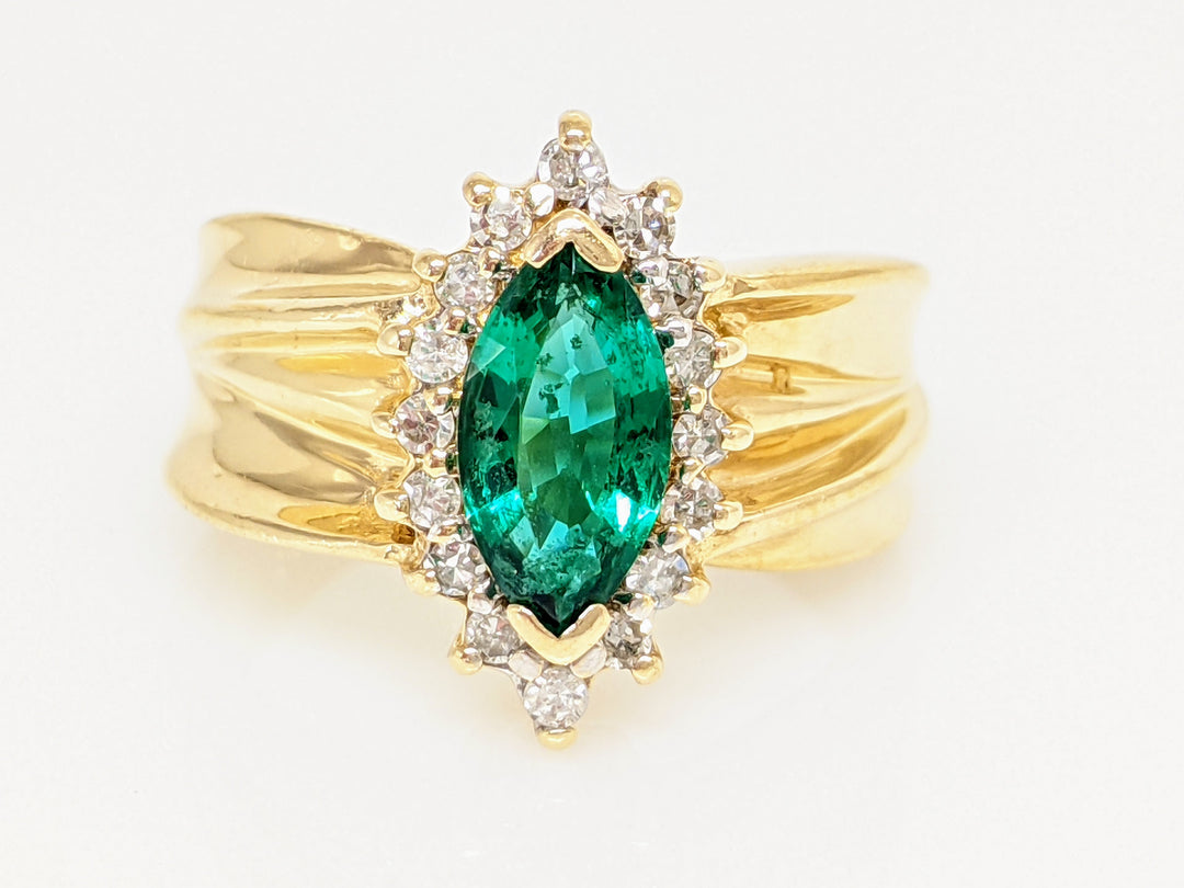 14K SYNTHETIC EMERALD MARQUISE 5X10 WITH .32 DIAMOND TOTAL WEIGHT ESTATE RING 5.8 GRAMS