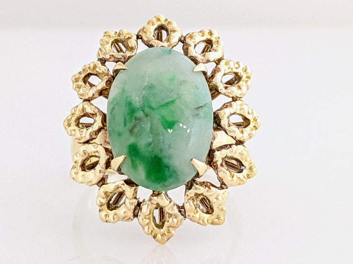 18K JADE OVAL 10X14 WITH MARQUISE GOLD TRIM ESTATE RING 5.9 GRAMS