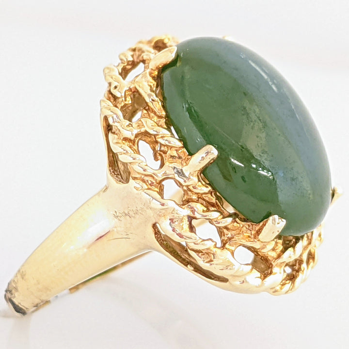 14K JADE OVAL 12X16 DOUBLE ROPE TRIM ESTATE RING 7.6 GRAMS