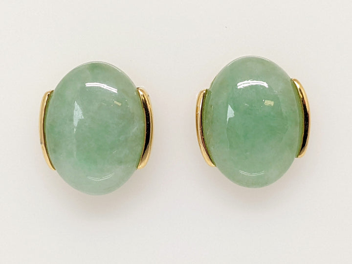 14K JADE OVAL 9X12 HALF BEZEL SET ESTATE EARRINGS