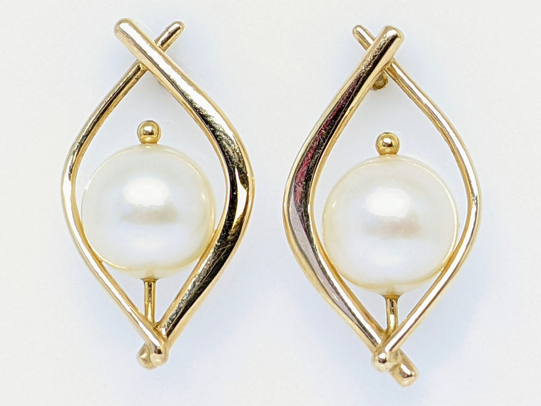 14K PEARL ROUND 8.5MM MARQUISE GOLD TRIM ESTATE EARRINGS 4.3 GRAMS