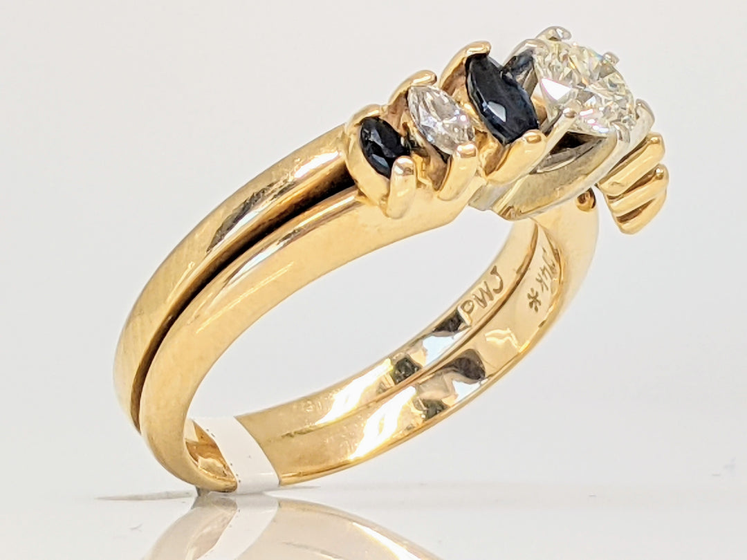 14K .48 CARAT TOTAL WEIGHT SI1 J DIAMOND ROUND WITH (2) MARQUISE AND (4) SAPPHIRE MARQUISE ESTATE RING 5.2 GRAMS