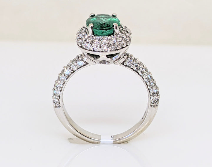 18KW 1.25 CARAT TOTAL EMERALD ROUND WITH .78 DIAMOND TOTAL WEIGHT HALO ESTATE RING 4.5 GRAMS