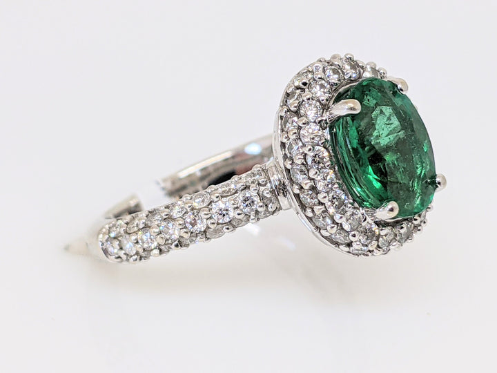 18KW 1.25 CARAT TOTAL EMERALD ROUND WITH .78 DIAMOND TOTAL WEIGHT HALO ESTATE RING 4.5 GRAMS