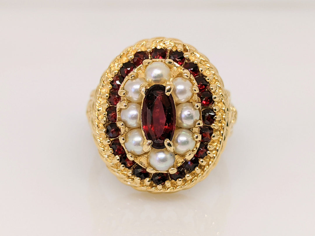14K GARNET OVAL 4X8 WITH ROUND AND PEARL ESTATE RING 10.9 GRAMS