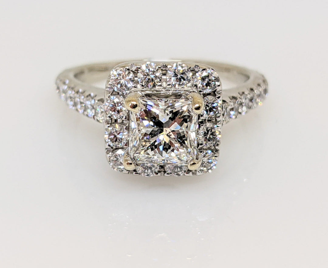 14KW 2.23 CARAT TOTAL WEIGHT SI2 I DIAMOND PRINCESS CUT WITH (52) ROUND HALO ESTATE RING 5.1 GRAMS