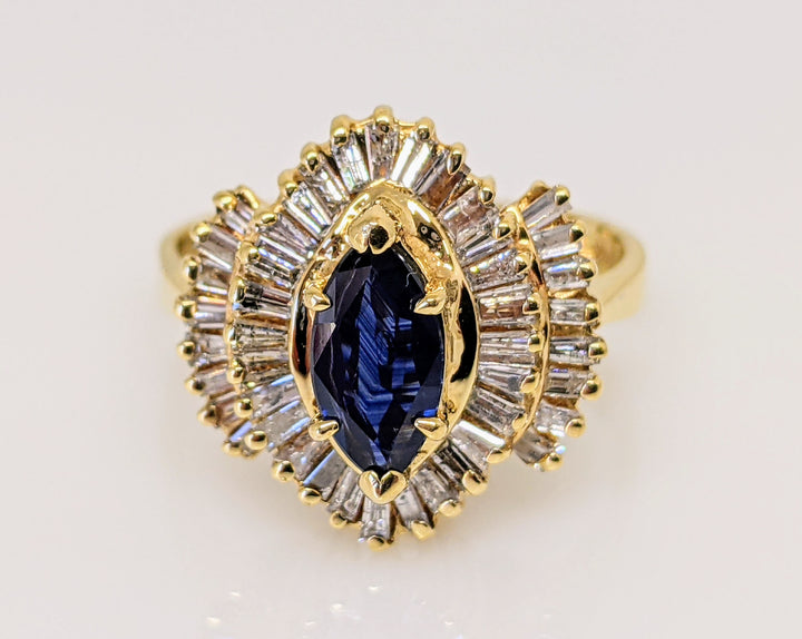 14K SAPPHIRE MARQUISE 4X9 WITH DIAMOND BAGUETTES 1.35 TOTAL CARAT WEIGHT ESTATE RING