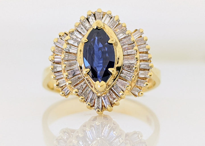 14K SAPPHIRE MARQUISE 4X9 WITH DIAMOND BAGUETTES 1.35 TOTAL CARAT WEIGHT ESTATE RING