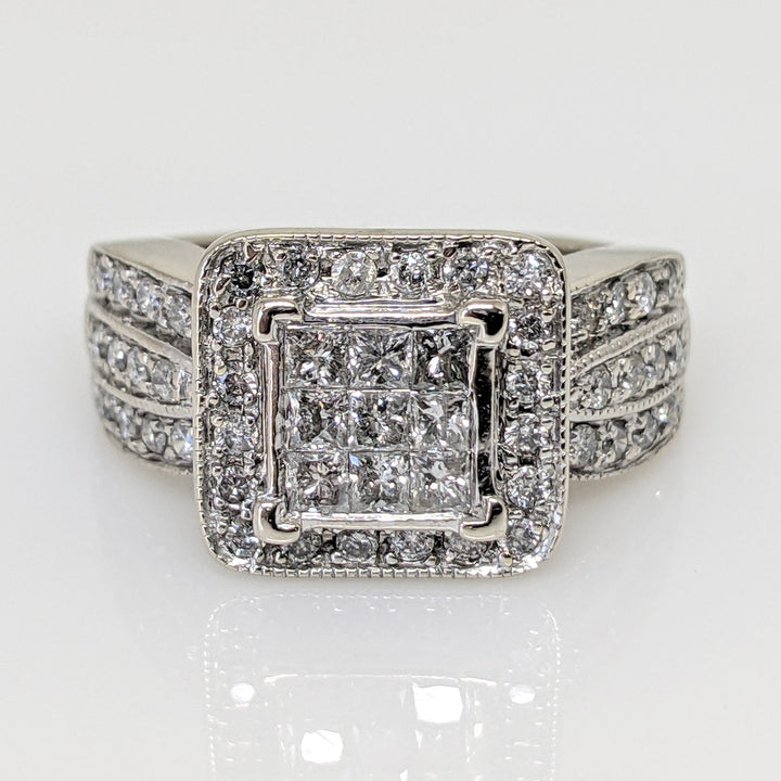 14KW 1.00 CARAT TOTAL WEIGHT I1 I DIAMOND PRINCESS CUT (9) ROUND (44) ESTATE CLUSTER RING 5.6 GRAMS