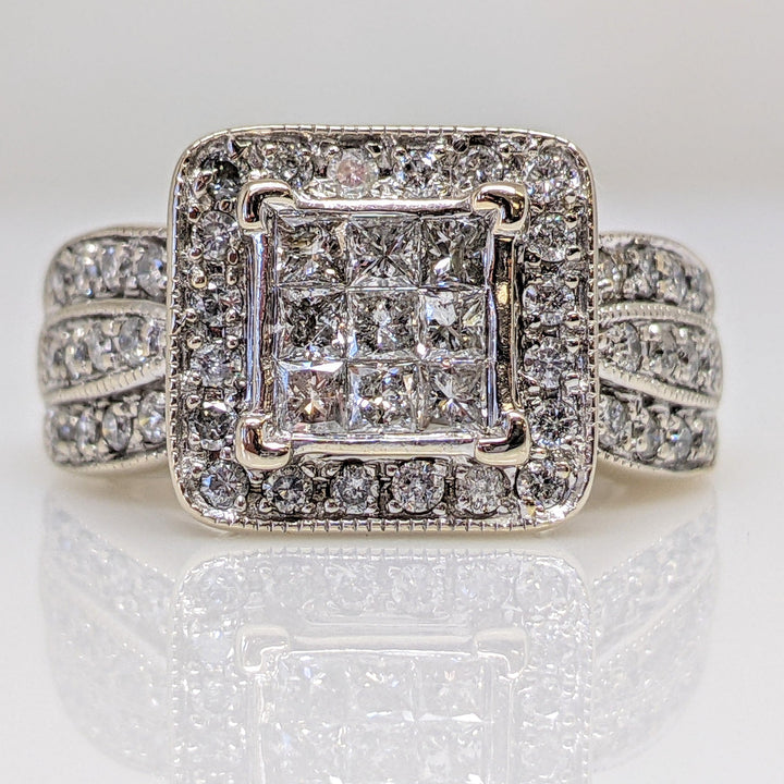 14KW 1.00 CARAT TOTAL WEIGHT I1 I DIAMOND PRINCESS CUT (9) ROUND (44) ESTATE CLUSTER RING 5.6 GRAMS