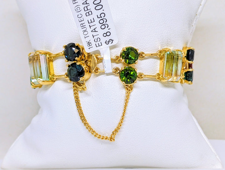18K TOURMALINE EMERALD CUT (5) ROUND (12) LINK ONE OF A KIND ESTATE BRACELET 25.1 GRAMS