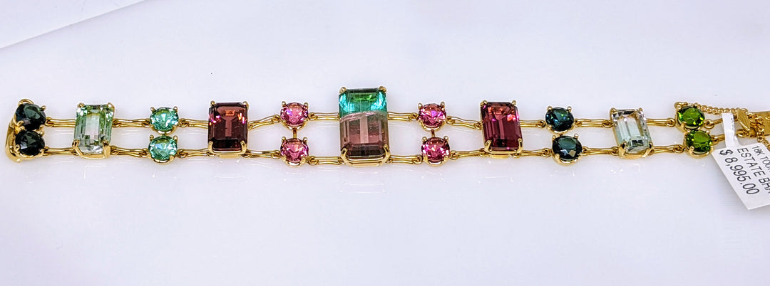 18K TOURMALINE EMERALD CUT (5) ROUND (12) LINK ONE OF A KIND ESTATE BRACELET 25.1 GRAMS