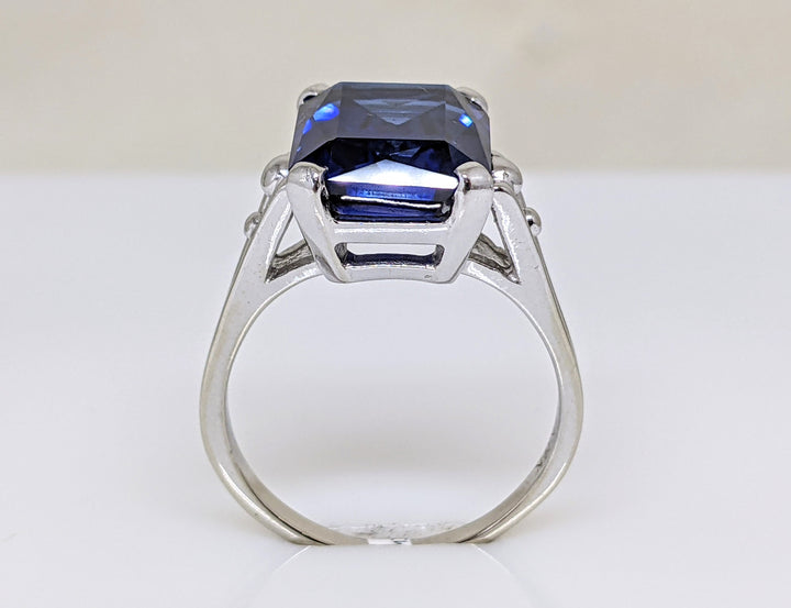 14kW SYNTHETIC SAPPHIRE EMERALD CUT 10X12 ESTATE RING 5.3 GRAMS